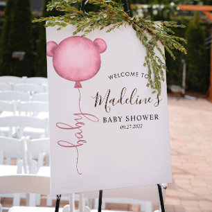 Poster Chá de fraldas de Balão de Urso Minimalista, Rosa-