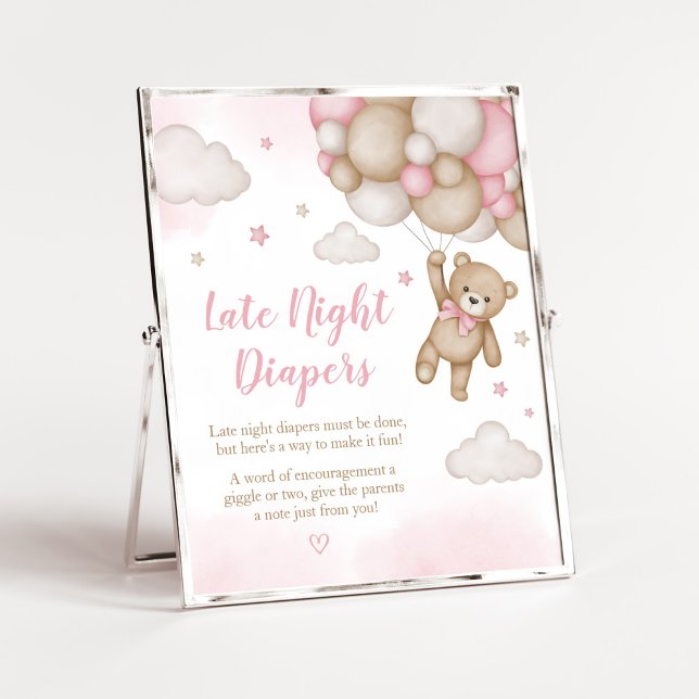 Poster Chá de fraldas de Balão de Urso Rosa Fraldas Notur (Girl Bear Baby Shower Late Night Diapers Sign)