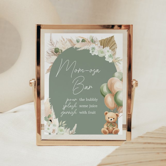Poster Chá de fraldas de Balão de Urso Verde Mãe Bar Osa (Sage Green Balloons Baby Shower Mom Osa Bar Sign)