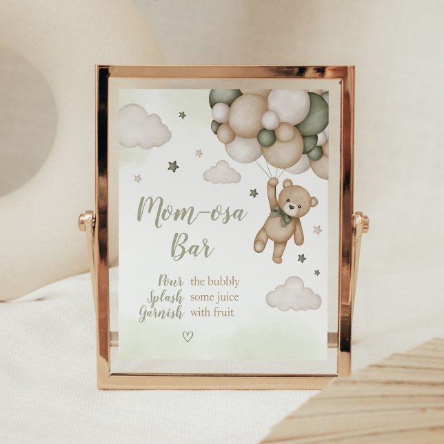 Poster Chá de fraldas de Balão de Urso Verde Mãe Bar Osa (Boho Bear Baby Shower Mom Osa Bar Sign)