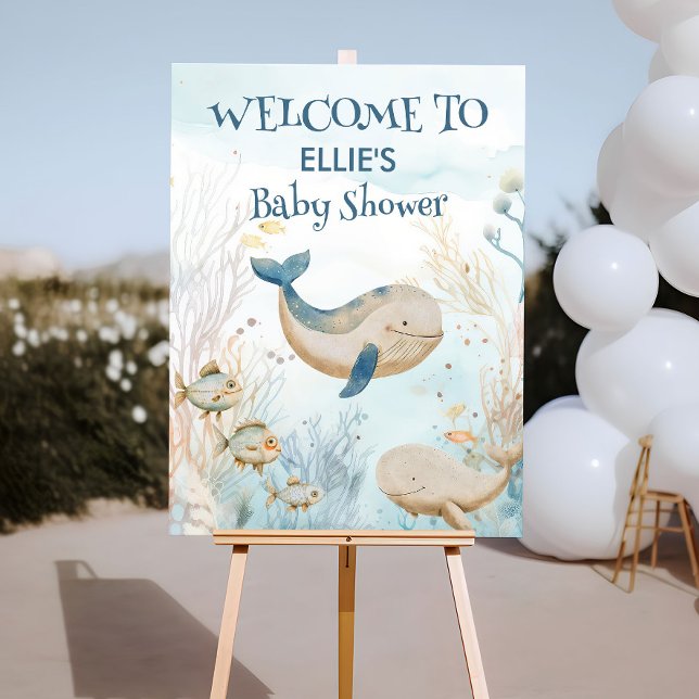 Poster Chá de fraldas de baleia aquarela sob o mar bem-vi (Welcome poster from the Whale Baby Shower Collection by Darling & May)