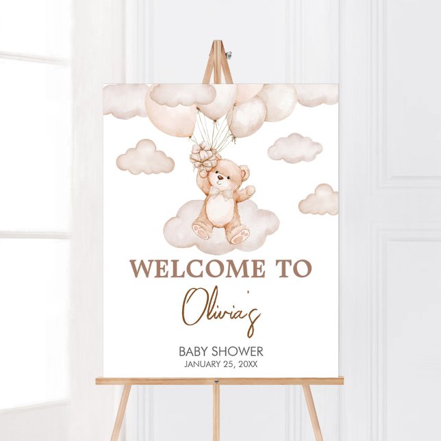 Poster Chá de fraldas de Balões de Bear Castanho Bem-vind (Brown Bear Balloon Bearly Wait Baby Shower Welcome Sign)
