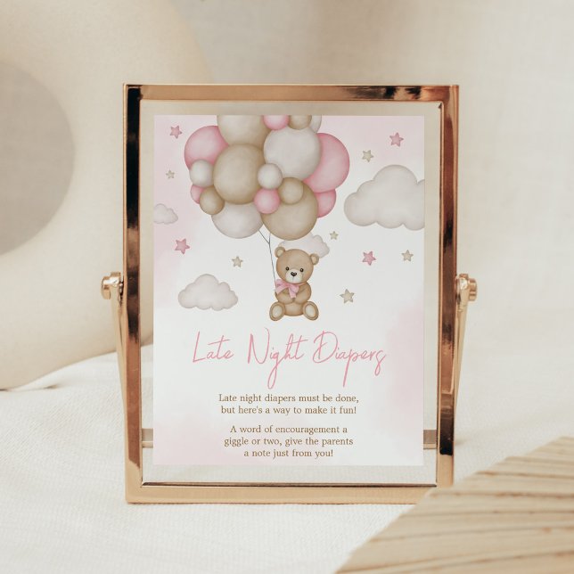 Poster Chá de fraldas de Balões de Urso Menino Fraldas No (Pink Boho Bear Balloon Baby Shower Late Night Diapers Sign)