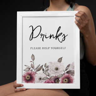 Poster Chá de fraldas de Bebidas Florais Brancas e Placas