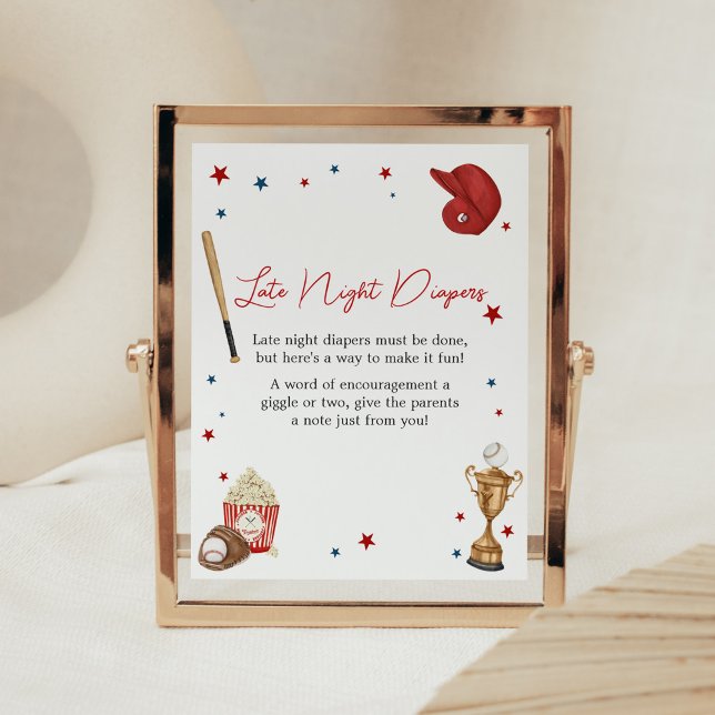 Poster Chá de fraldas de beisebol Fraldas noturnas atrasa (Oh Boy Little Slugger Baby Shower Late Night Diapers Sign)