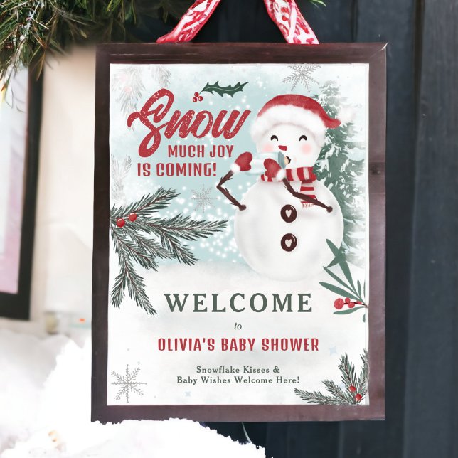 Poster Chá de fraldas de boas-vindas do inverno verde-pin (Winter green pine ice snowman welcome baby shower poster)
