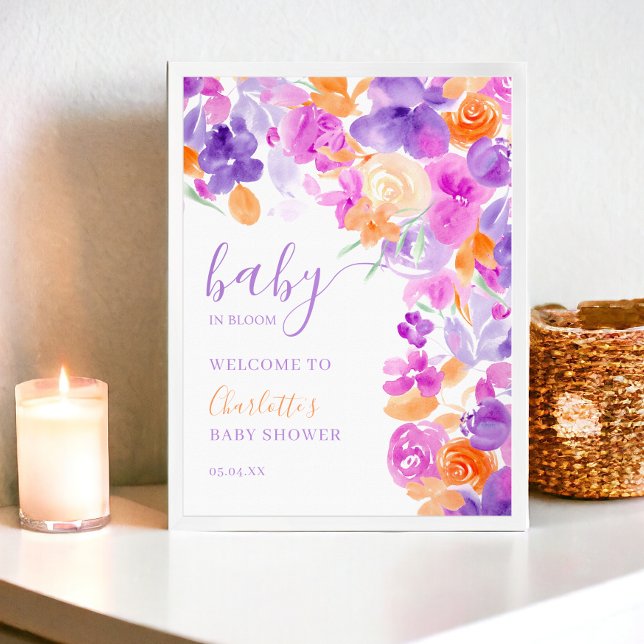 Poster Chá de fraldas de boas-vindas do Pastel roxo laran (Pastel purple orange floral welcome baby shower poster)