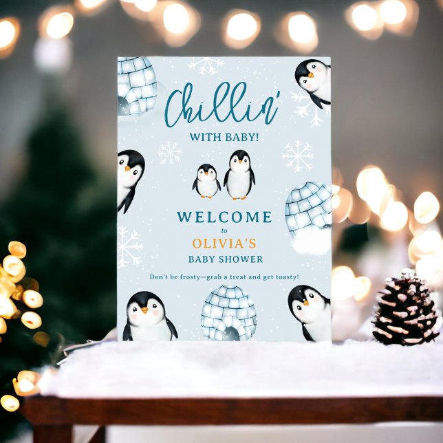 Poster Chá de fraldas de boas-vindas do Pinguim-Inverno (Cute winter penguin igloos welcome baby shower poster)