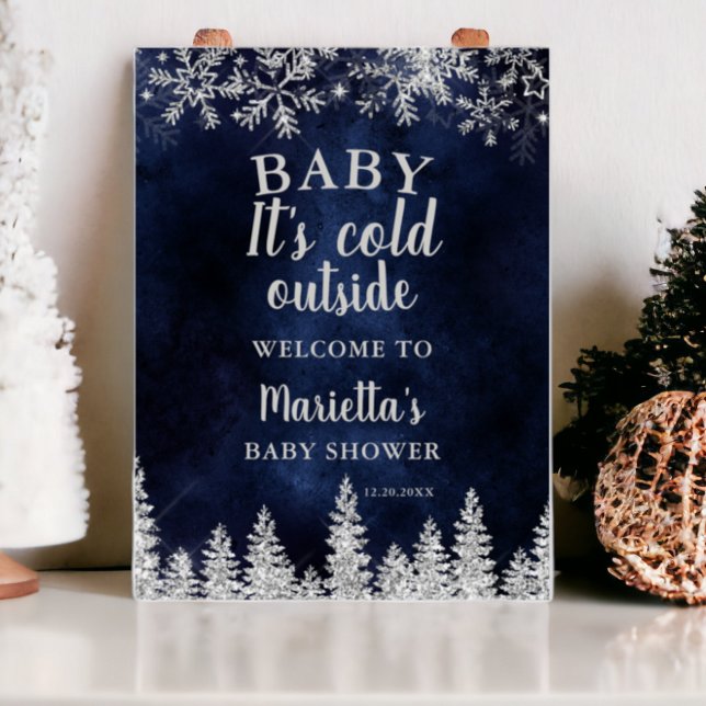 Poster Chá de fraldas de boas-vindas do pinheiro marinho  (Winter silver snow pine navy welcome baby shower poster)