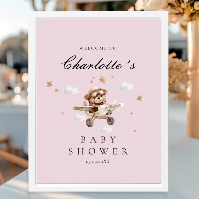 Poster Chá de fraldas de boas-vindas do Urso de Teddy e A (Personalized Teddy Bear & Airplane Welcome Baby Shower Poster)