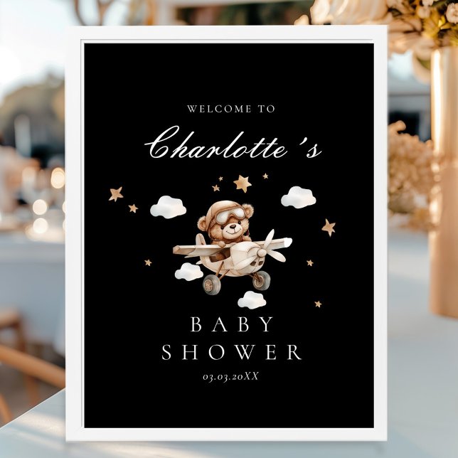Poster Chá de fraldas de boas-vindas do Urso de Teddy e A (Teddy Bear & Airplane Welcome Baby Shower Poster)
