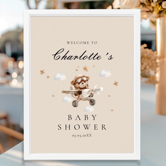 Poster Chá de fraldas de boas-vindas do Urso de Teddy e A (Personalized Teddy Bear & Airplane Welcome Baby Shower Poster)
