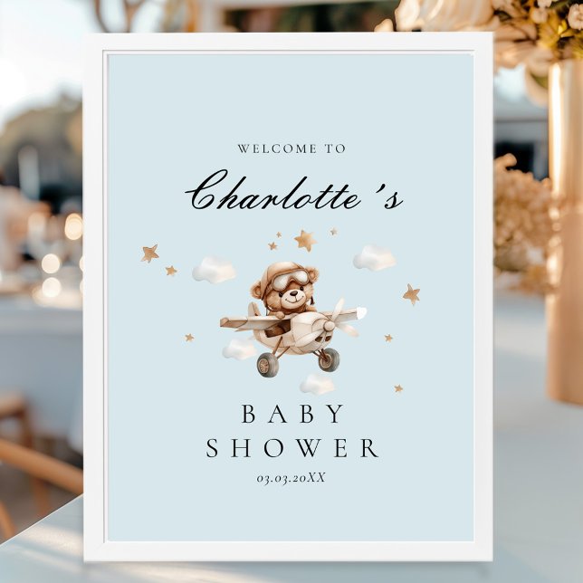 Poster Chá de fraldas de boas-vindas do Urso de Teddy e A (Personalized Teddy Bear & Airplane Welcome Baby Shower Poster)