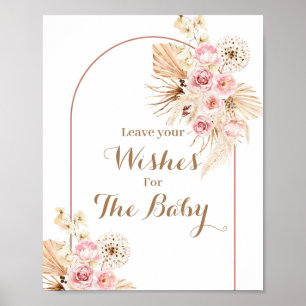 Poster Chá de fraldas de Boho Floral Rosa Deseja Sinal d