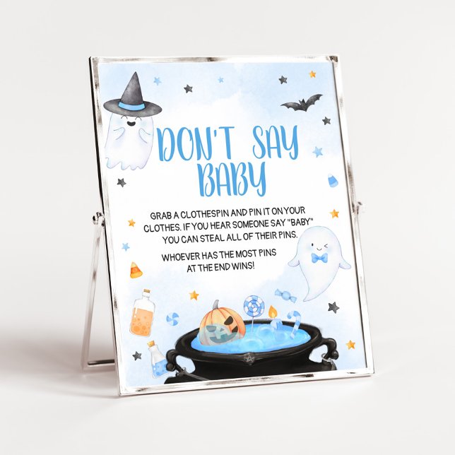 Poster Chá de fraldas de Boo-y Halloween Não diga amor (Blue Oh Sheet Baby Shower Don't Say Baby Sign)