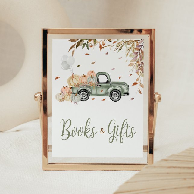 Poster Chá de fraldas de Books e Presentes de Caminhão Ve (Little Pumpkin Green Truck Baby Shower Books and Gifts Sign)