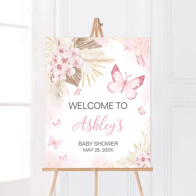 Poster Chá de fraldas de Borboleta Rosa Bem-vindo (Girl Butterfly Pampas Grass Baby Shower Welcome Sign)