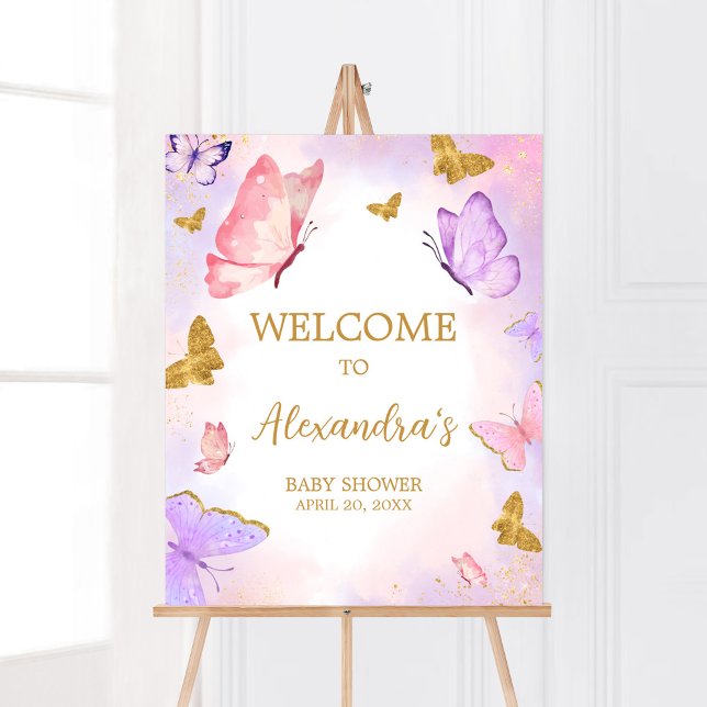 Poster Chá de fraldas de borboletas roxa rosa Dourada bem (Boho Butterfly Baby Shower Welcome Sign)