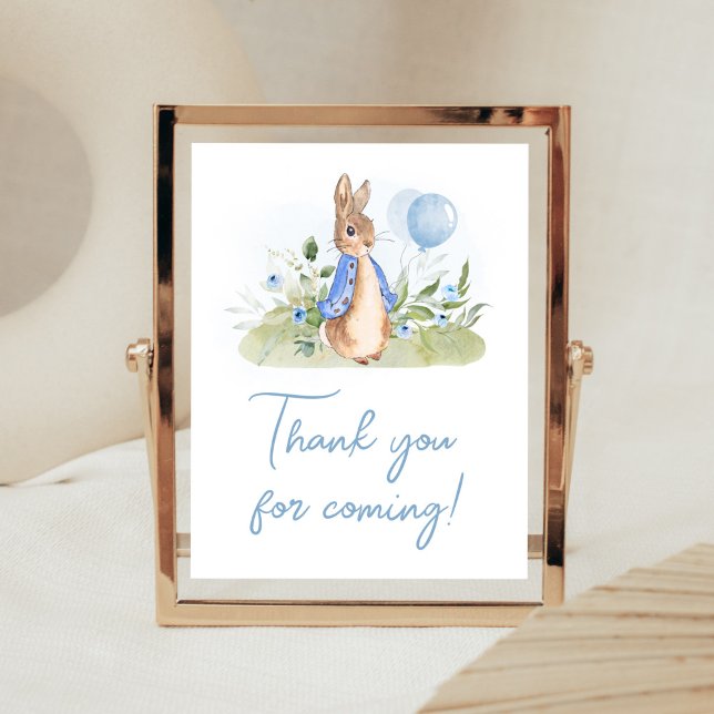 Poster Chá de fraldas de Boy Peter Rabbit Obrigado por vi (Peter Rabbit Balloon Spring Baby Shower Thank You for Coming Sign)