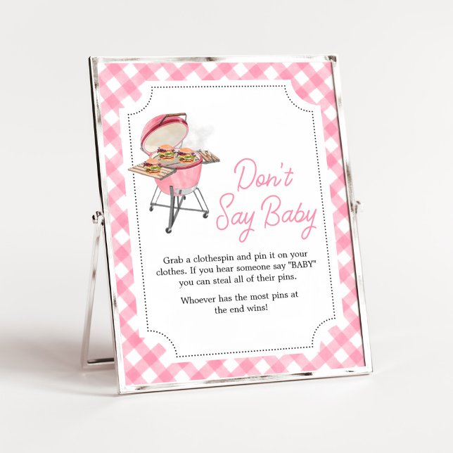 Poster Chá de fraldas de Burger Rosa Não diga amor (Girl Backyard BBQ Baby Shower Don't Say Baby Sign)