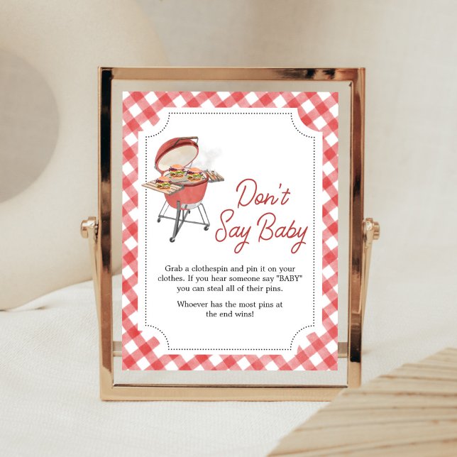 Poster Chá de fraldas de Burger Vermelho Não diga amor (Backyard BBQ Baby Shower Don't Say Baby Sign)