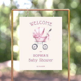 Poster Chá de fraldas de Carruagem de Bebê Rosa Vintage B