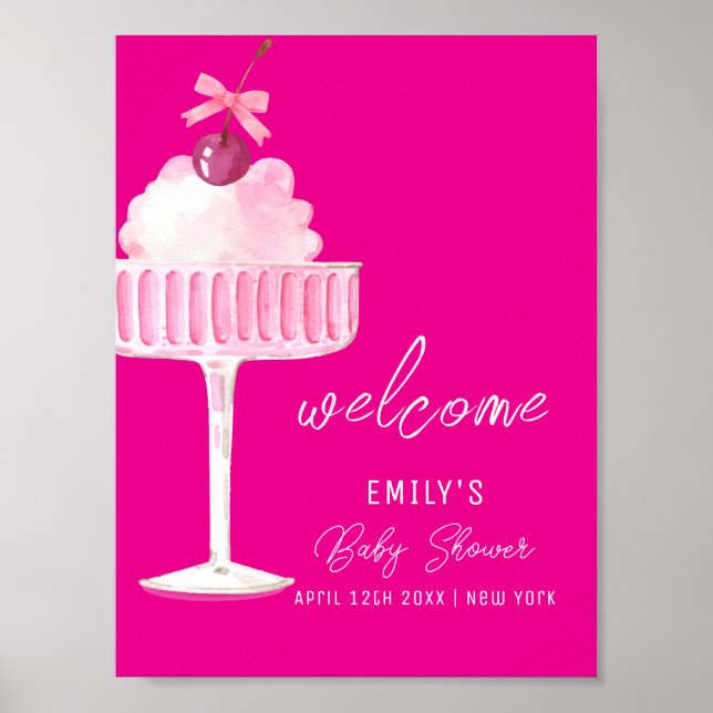Poster Chá de fraldas de Champanhe Rosa Brunch Cherry Bem (Frente)
