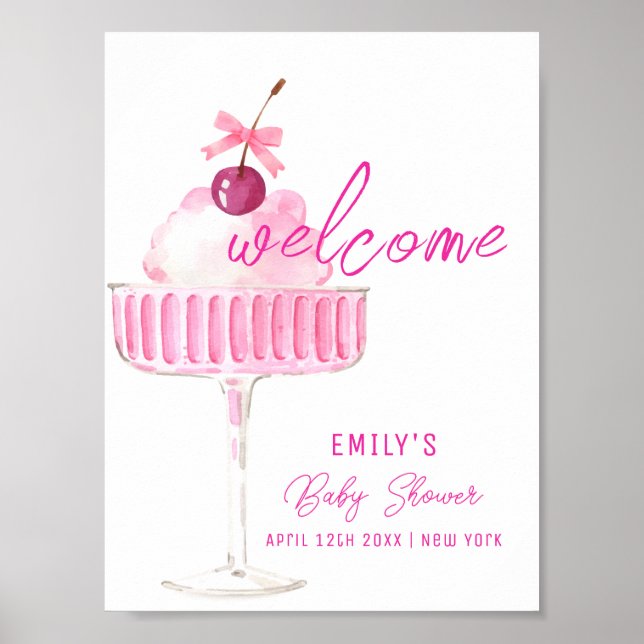 Poster Chá de fraldas de Cherry Champagne Rosa Brunch bem (Frente)