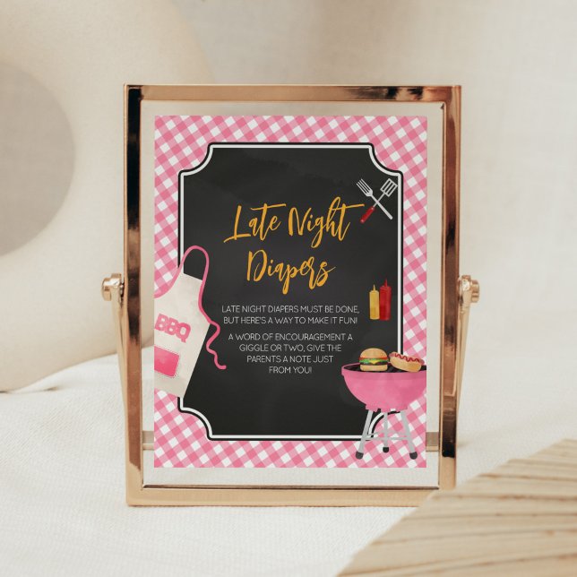 Poster Chá de fraldas de CHURRASCO Gingham Rosa, Fraldas  (Girl Baby-Q Baby Shower Late Night Diapers Sign)
