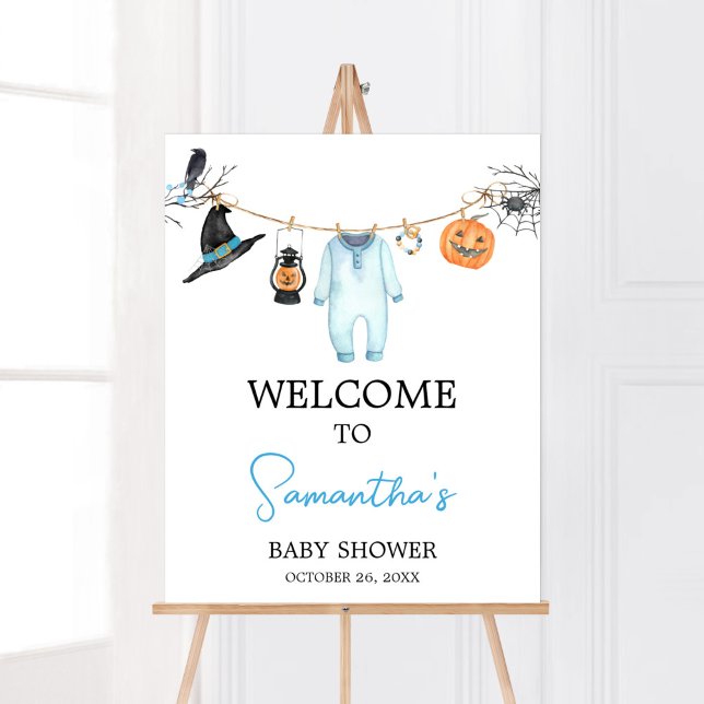 Poster Chá de fraldas de Dia das Bruxas Azul (Halloween Baby Clothes Baby Shower Welcome Sign)