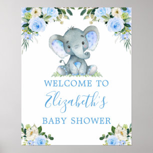 Poster Chá de fraldas de Elefante Azul Floral de Aquarela