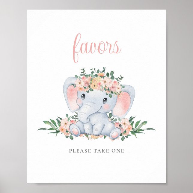 Poster Chá de fraldas de Elefante Cinza Rosa Favorece Sin (Frente)