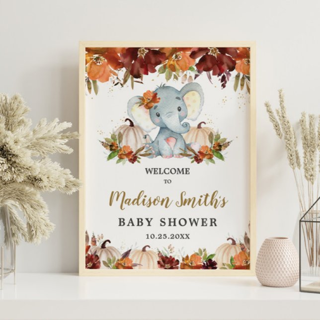 Poster Chá de fraldas de Elefante Fall Floral Pumpkins Cu (Criador carregado)