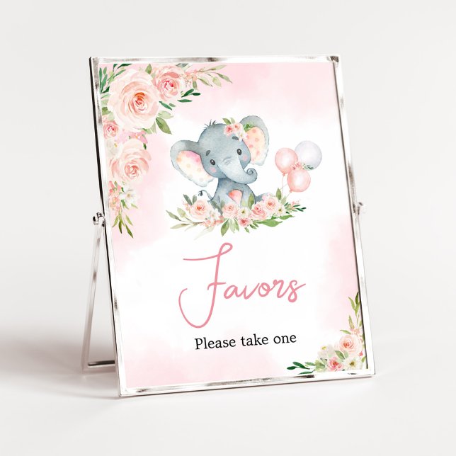 Poster Chá de fraldas de Elefante Floral Cor-de-Rosa (Floral Balloon Elephant Baby Shower Favors Sign)