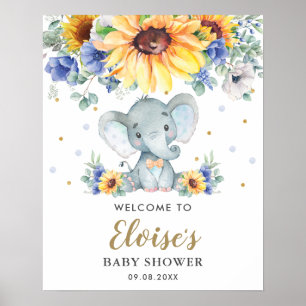 Poster Chá de fraldas de Elefante Floral de Girassol Azul