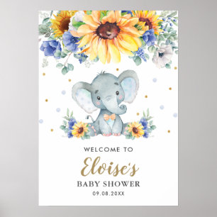 Poster Chá de fraldas de Elefante Floral de Girassol Azul