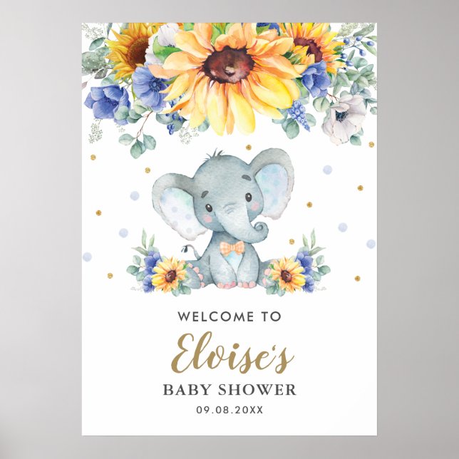 Poster Chá de fraldas de Elefante Floral de Girassol Azul (Frente)