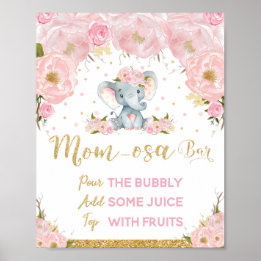 Poster Chá de fraldas de Elefante Floral Rosa, Bar Mãe-os