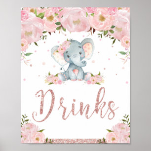 Poster Chá de fraldas de Elefante Floral Rosa Bebe Sinais