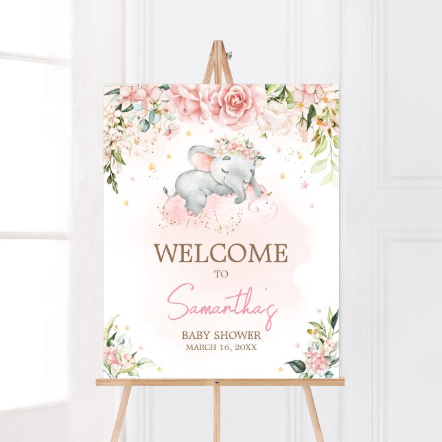 Poster Chá de fraldas de Elefante Floral Rosa Bem-vindo (Pink Floral Sleeping Elephant Baby Shower Welcome Sign)