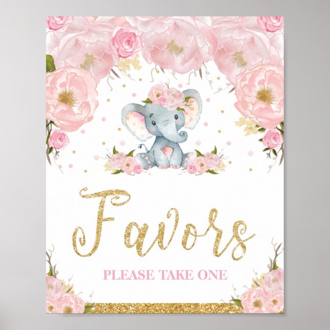 Poster Chá de fraldas de Elefante Floral Rosa Favorece Si (Frente)