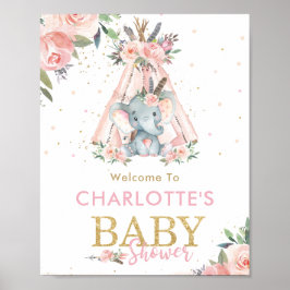 Poster Chá de fraldas de Elefante Floral Rosa Tribal Bem-