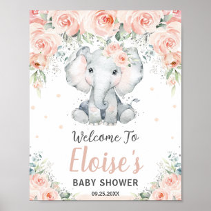 Poster Chá de fraldas de Elefante Floral Soft Blush Bem-v