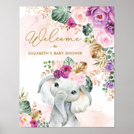 Poster Chá de fraldas de Elefante Floral Tropical Bem-vin
