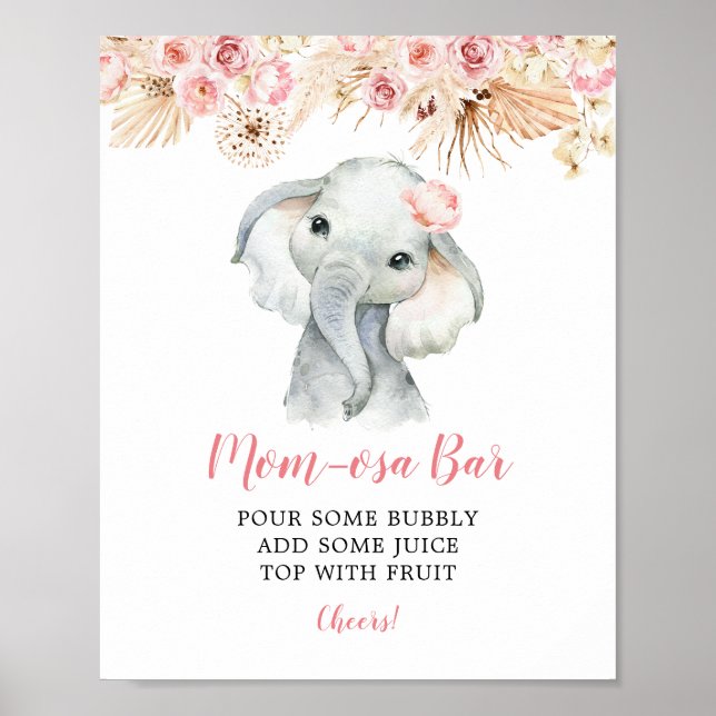 Poster Chá de fraldas de Elefante Rosa Boho Bar Mãe-osa (Frente)