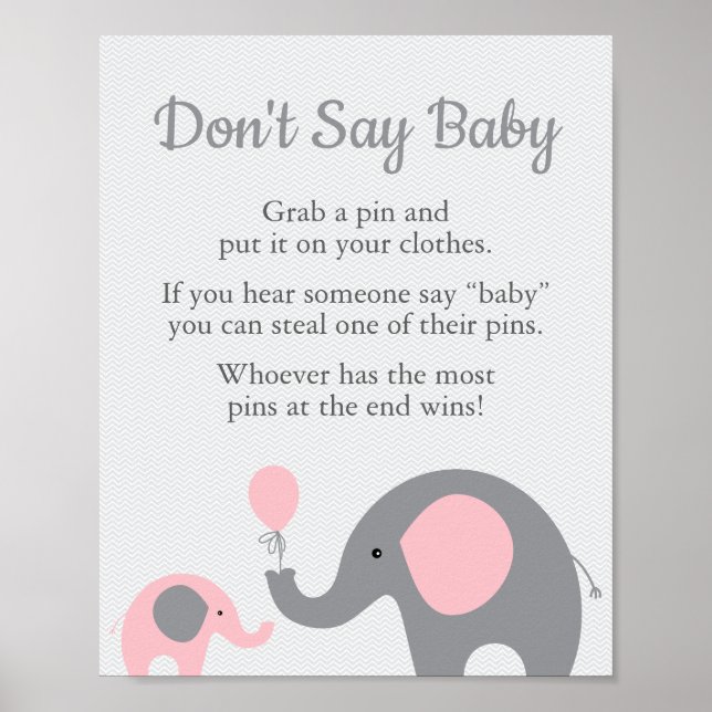 Poster Chá de fraldas de elefante rosa Não diga sinal de  (Frente)