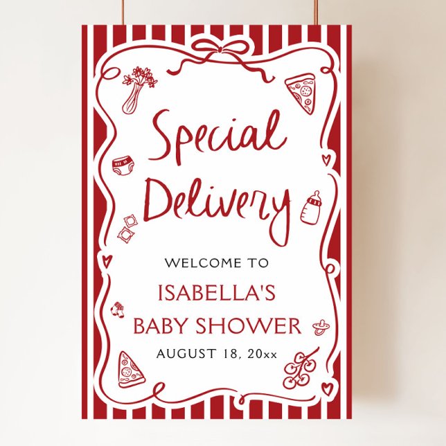 Poster Chá de fraldas de Entrega Especial Vermelho Italia (Hand Drawn Italian Special Delivery Baby Shower Welcome Sign)