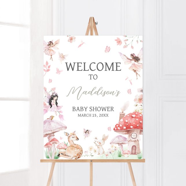 Poster Chá de fraldas de fada branca bem-vindo (Little Fairy Whimsical Baby Shower Welcome Sign)
