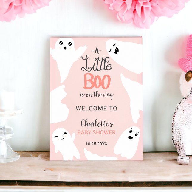 Poster Chá de fraldas de fantasmas rosa, dois fantasmas (Pink Halloween little boo ghosts baby shower Poster)