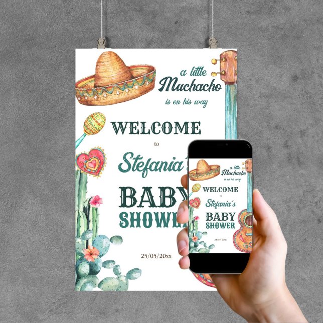 Poster Chá de fraldas de fiesta pequeno muchacho mexicano (Mexican fiesta little muchacho baby shower editable template welcome sign poster digital download)